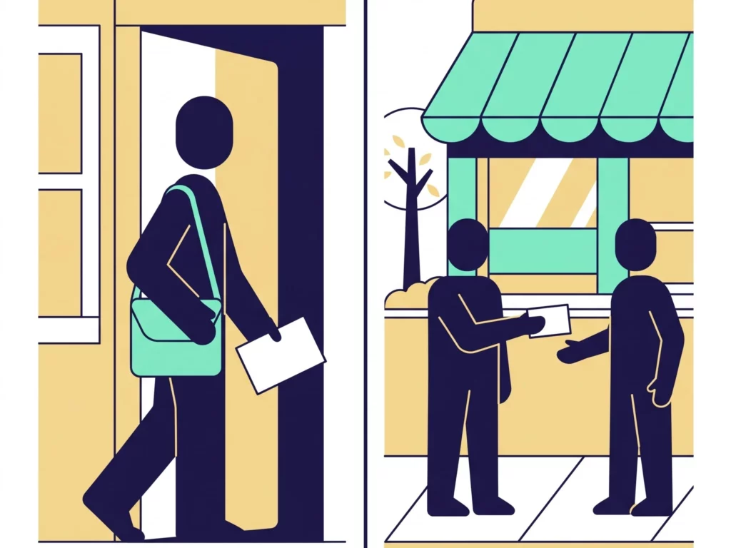 Comparaison entre la distribution en boîte aux lettres dans un immeuble et la distribution main à main sur un trottoir