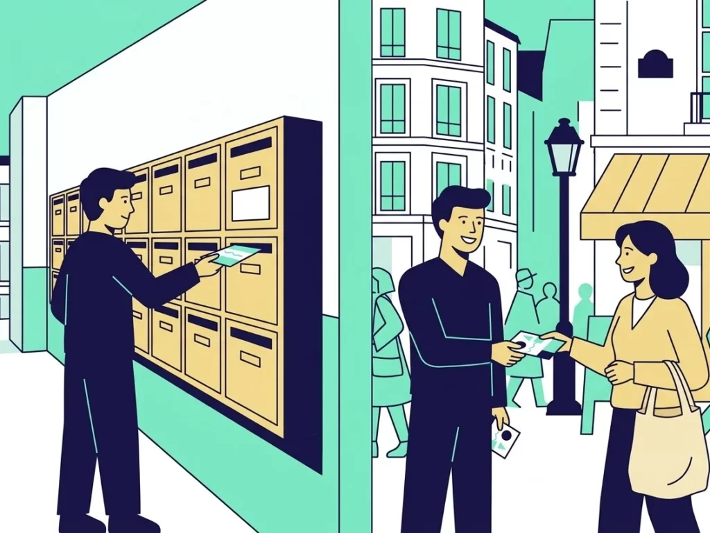 Illustration d'un distributeur déposant un flyer dans des boîtes aux lettres et d'un autre tendant un flyer à une passante dans une rue parisienne