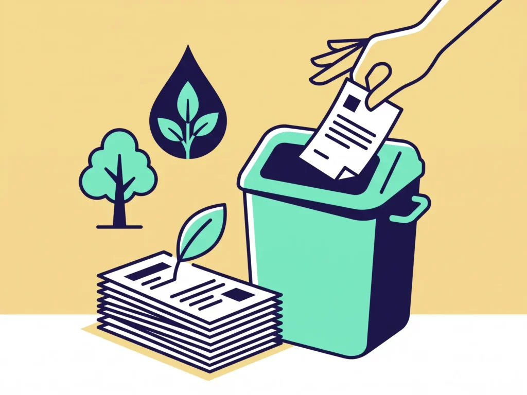 Illustration d'une main déposant un flyer dans un bac de tri, à côté d'une pile de flyers, d'un arbre et d'une goutte d'encre végétale
