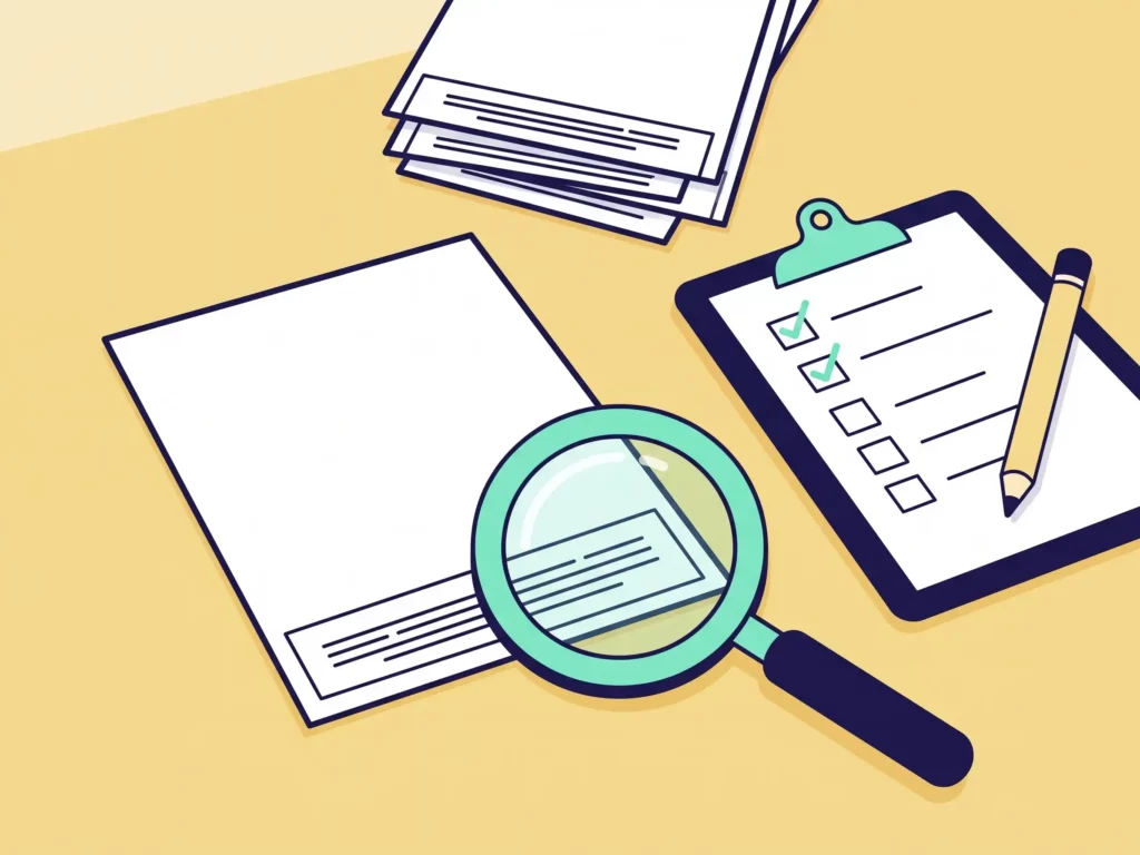 Illustration d'un flyer examiné à la loupe au niveau de ses mentions légales, à côté d'une checklist de vérification avant impression