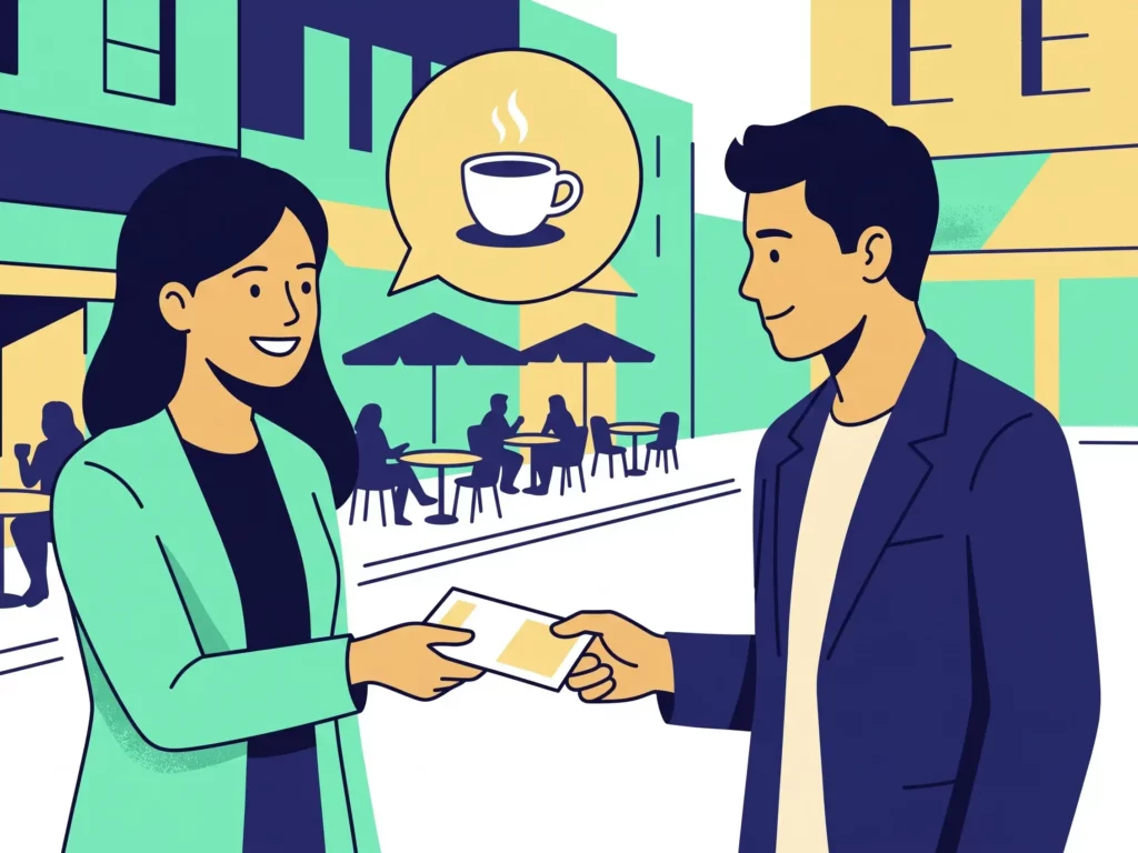 Illustration d’un ambassadeur proposant un flyer à un passant, avec une bulle montrant une tasse de café pour symboliser le bénéfice de l’offre
