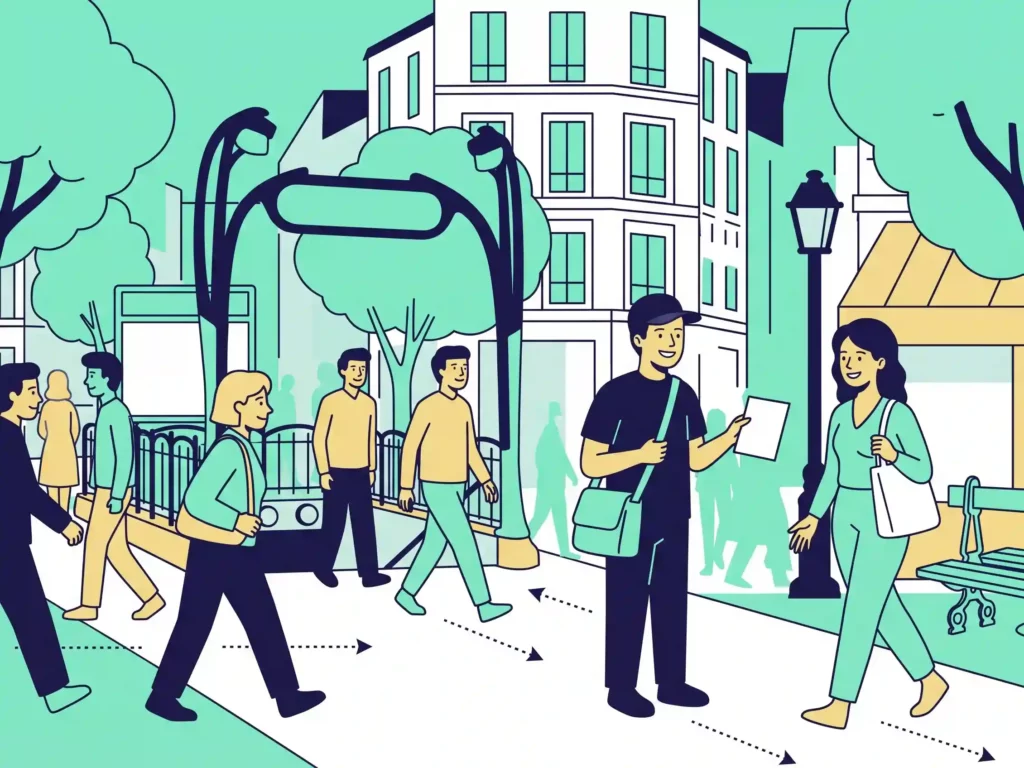 Illustration d’un ambassadeur placé dans le sens du flux de passants à une sortie de métro, prêt à tendre un flyer