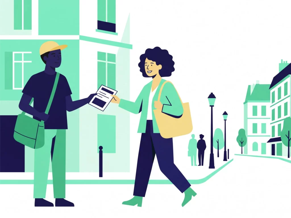 Illustration d’une ambassadrice de rue tendant un flyer à une passante souriante, symbole d’une distribution main à main efficace