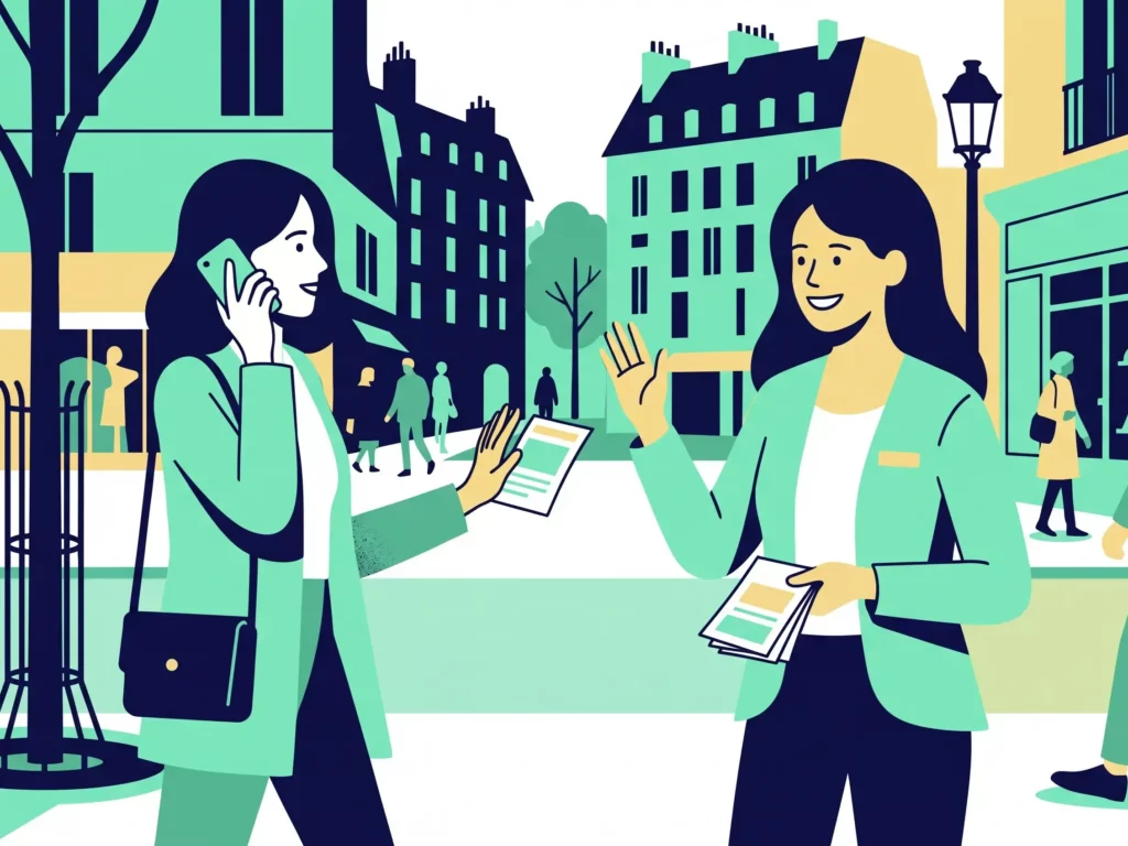 Illustration d’une passante au téléphone déclinant un flyer et d’un ambassadeur qui lui sourit avant de se tourner vers le passant suivant