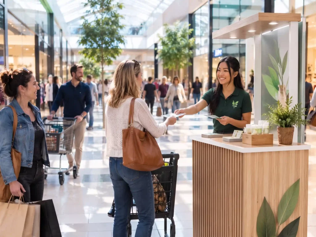 Animatrice sur un stand remettant un dépliant à une cliente avec son chariot dans la galerie d'un centre commercial francilien