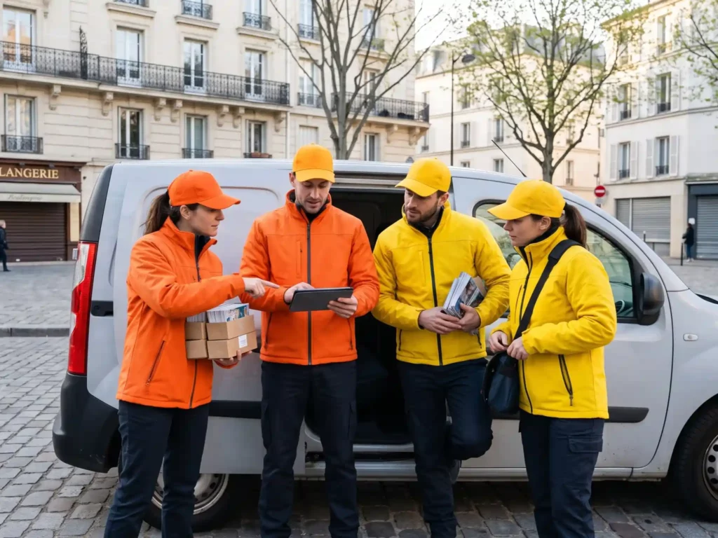 Équipe de quatre animateurs Gaston Diffusion en briefing autour d'un véhicule avant déploiement dans une commune francilienne